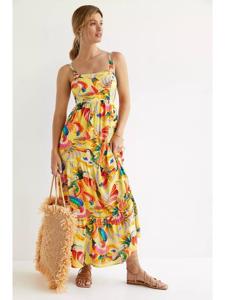 Farm Rio Tropical Print Yellow Tiered Maxi Dress With Smocked Back